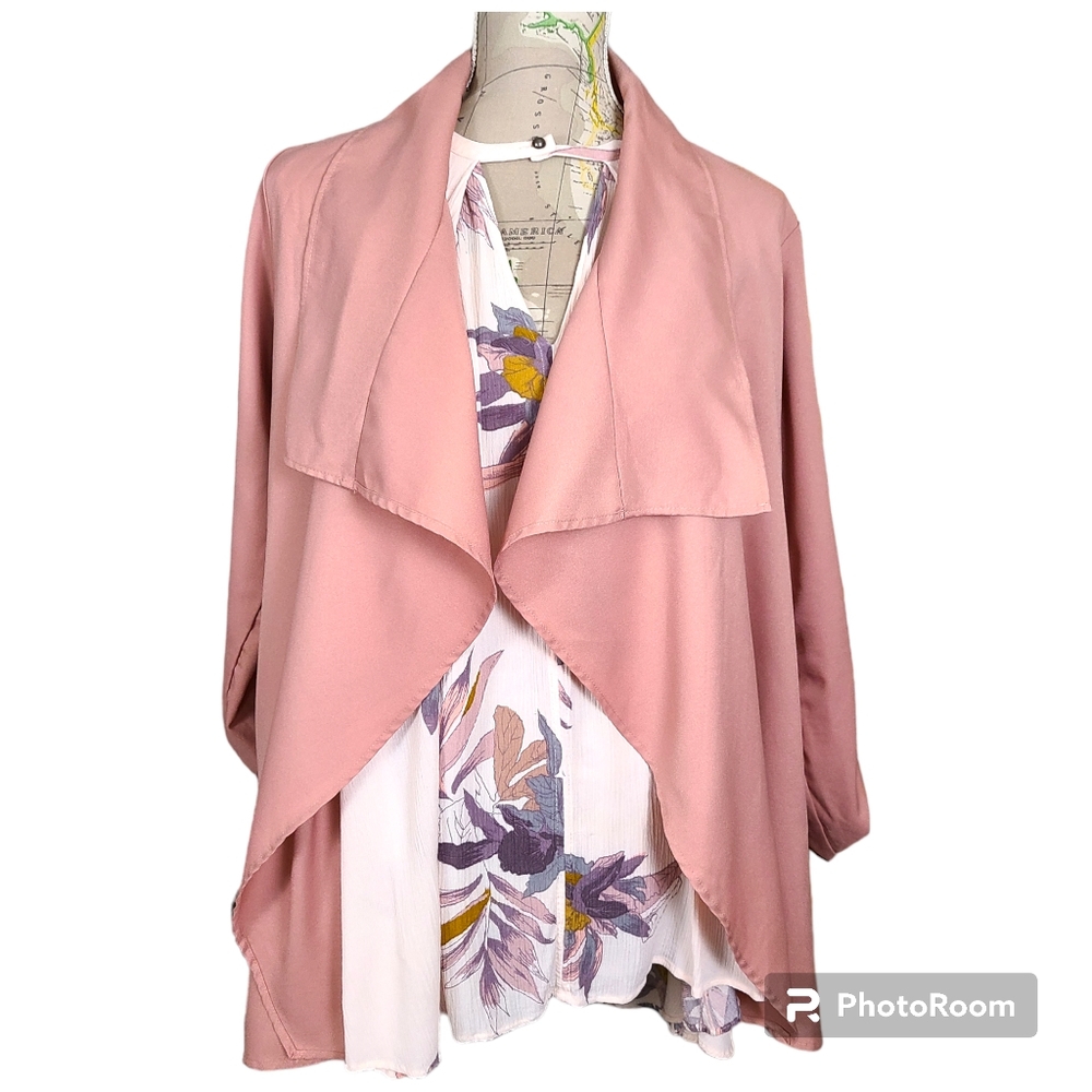 Rosette Size Medium Pink Waterfall Lapel Belted Light Jacket Roll-Tab Sleeves